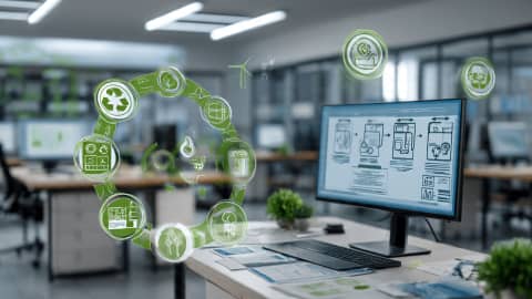 Life cycle assessment visualization with sustainability icons and environmental data analysis