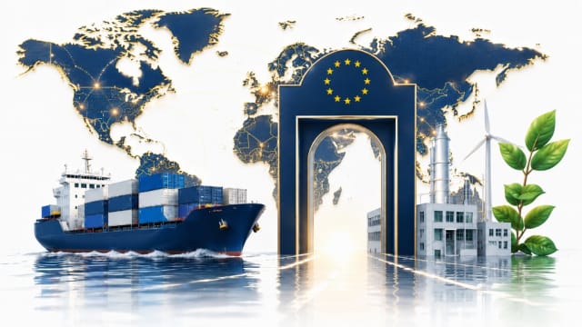EU trade gateway with cargo shipping, industry, and global supply routes