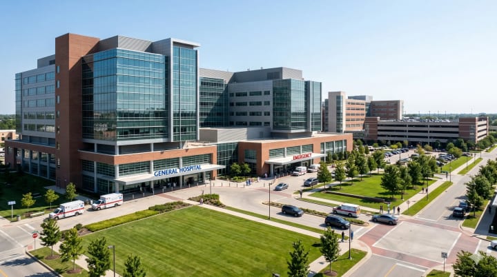 Modern hospital campus — emergency services, clinical buildings, and energy-intensive medical infrastructure.