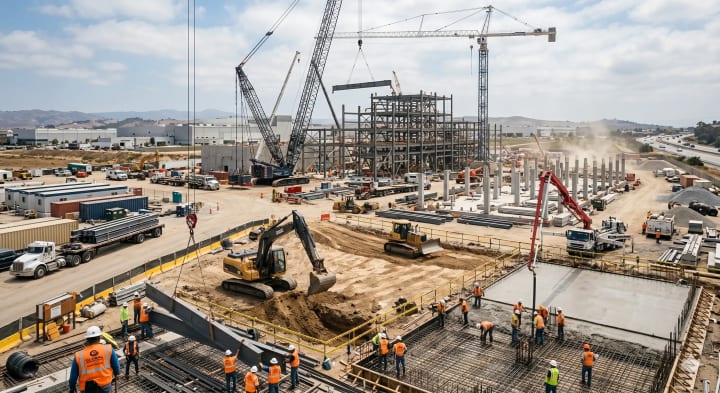 Large-scale construction site with cranes, steel framework, heavy machinery and workers in safety gear.