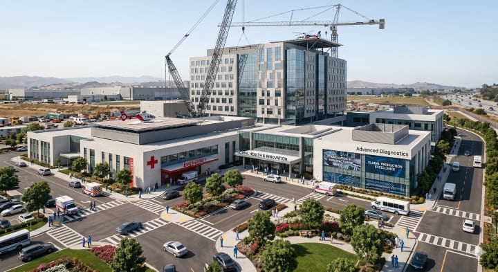 Modern healthcare campus with emergency services, diagnostics buildings and medical infrastructure.