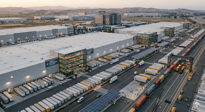 Distribution and fulfillment warehouses with loading docks, trucks and rail logistics at twilight.