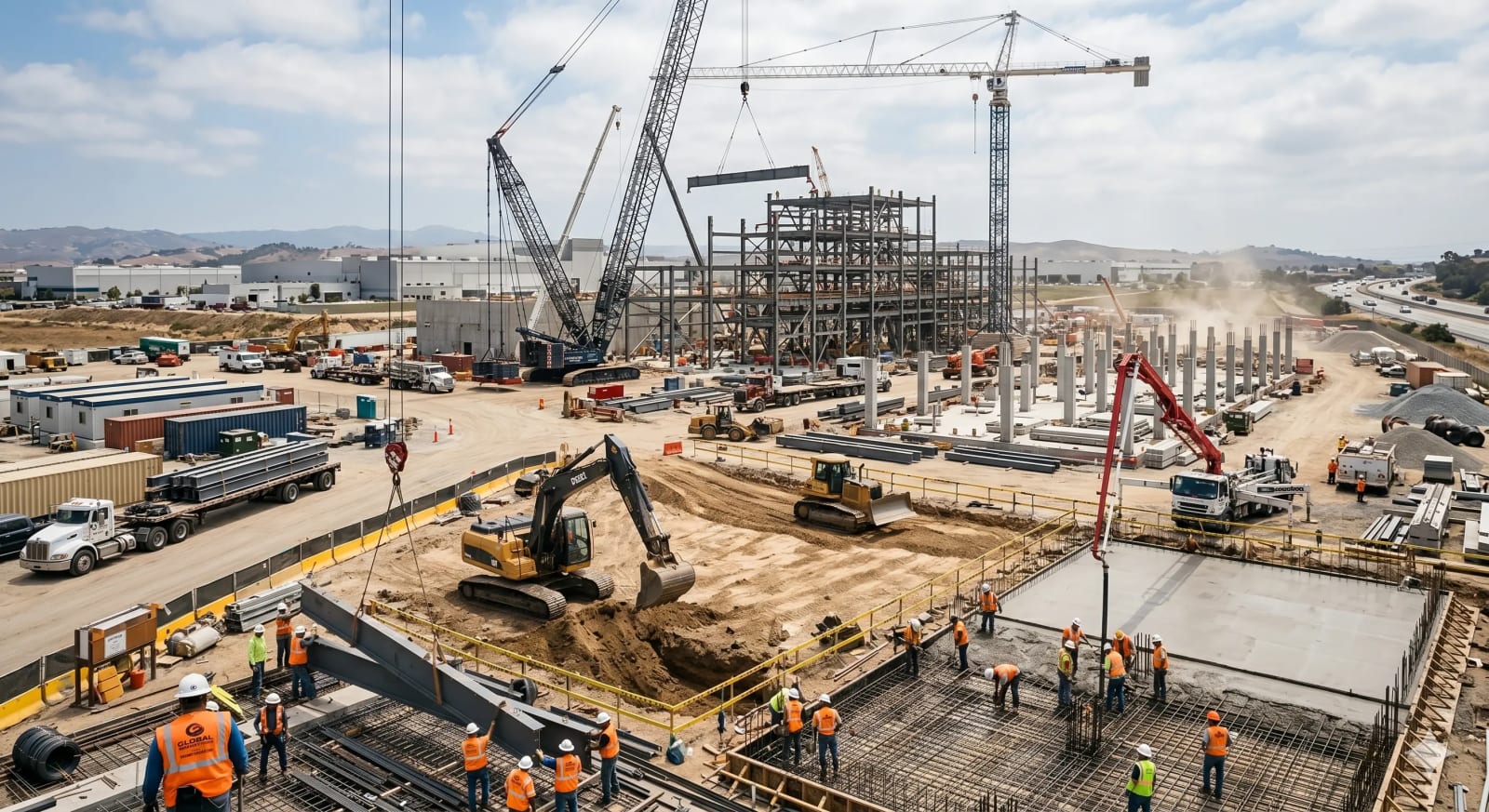 Large-scale construction site with cranes, steel framework, heavy machinery and workers in safety gear.
