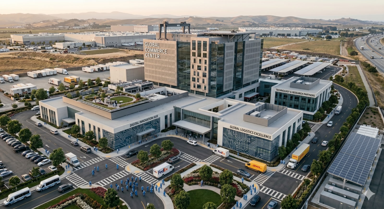 Commercial buildings with centralized water distribution and utility systems.