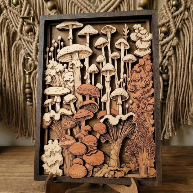 Retro Boho Mushroom Wooden Wall Art