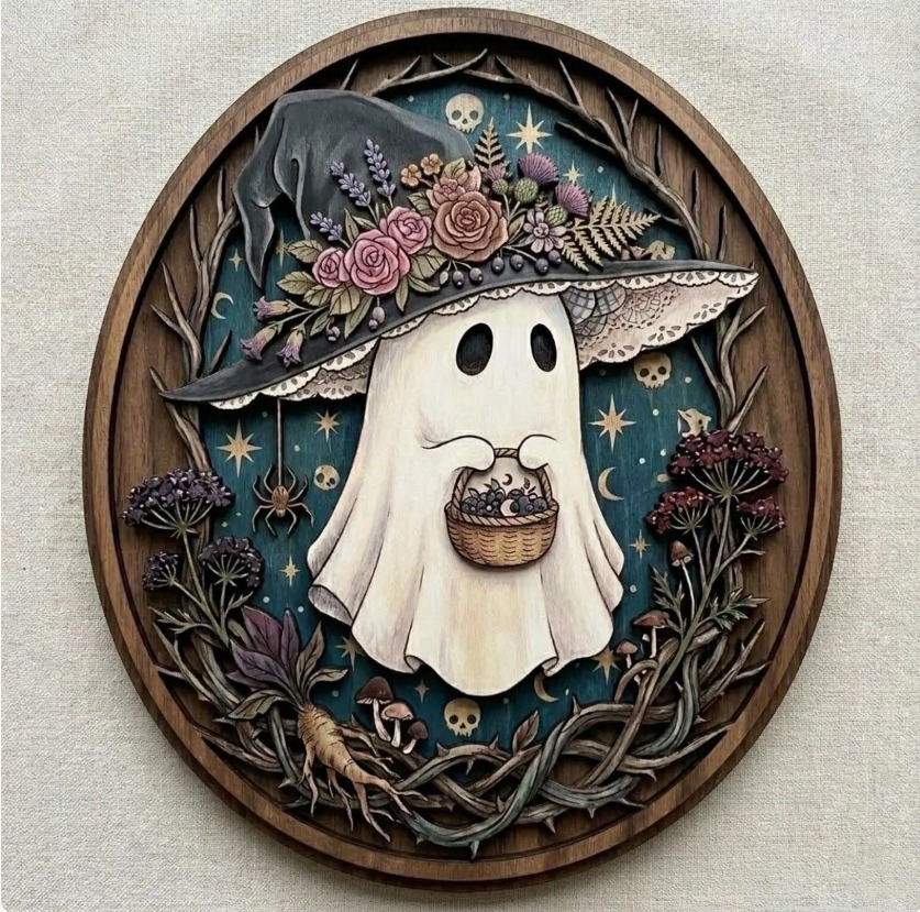 Cute Ghost Witch Hat Wooden Wall Art