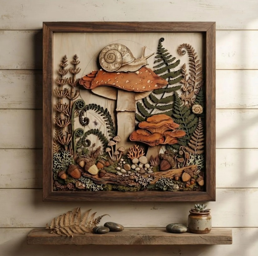 Snail Mushroom Fern Wooden Wall Art