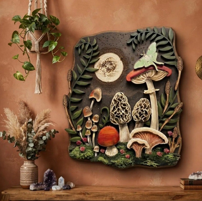 Luna Moth Moon Mushroom Wooden Wall Art