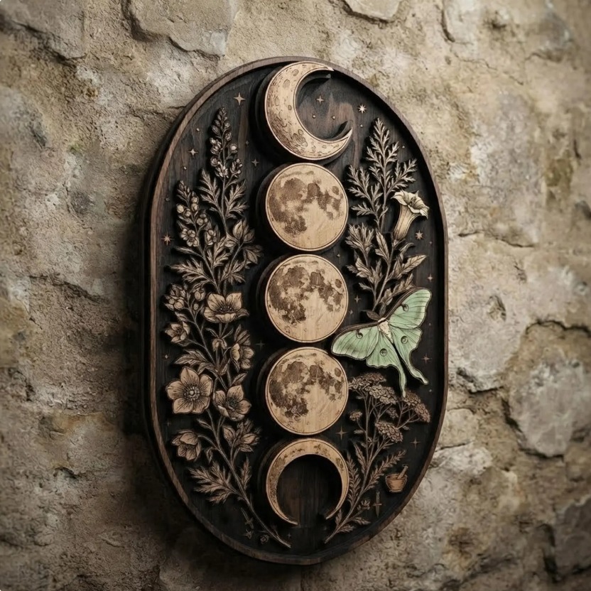 Floral Moon Phase Luna Moth Wooden Wall Art