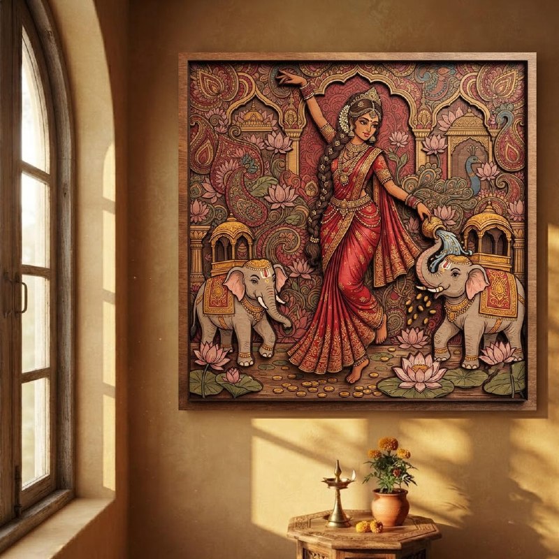 Indian Girl with Elephant Wooden Wall Art