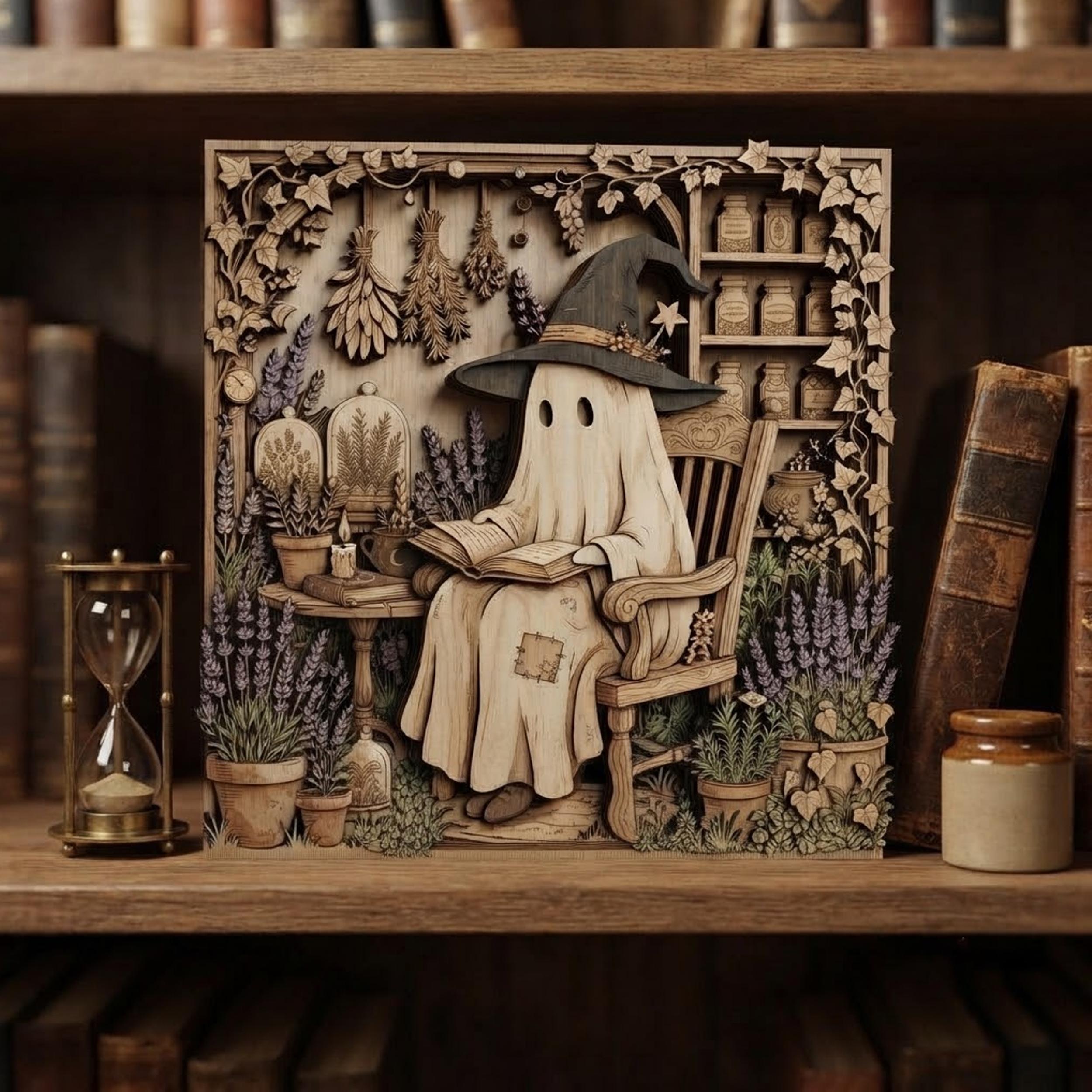 Spooky Ghost Reading Books Wooden Wall Art