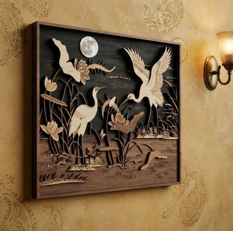 Crane Lotus Wooden Wall Art