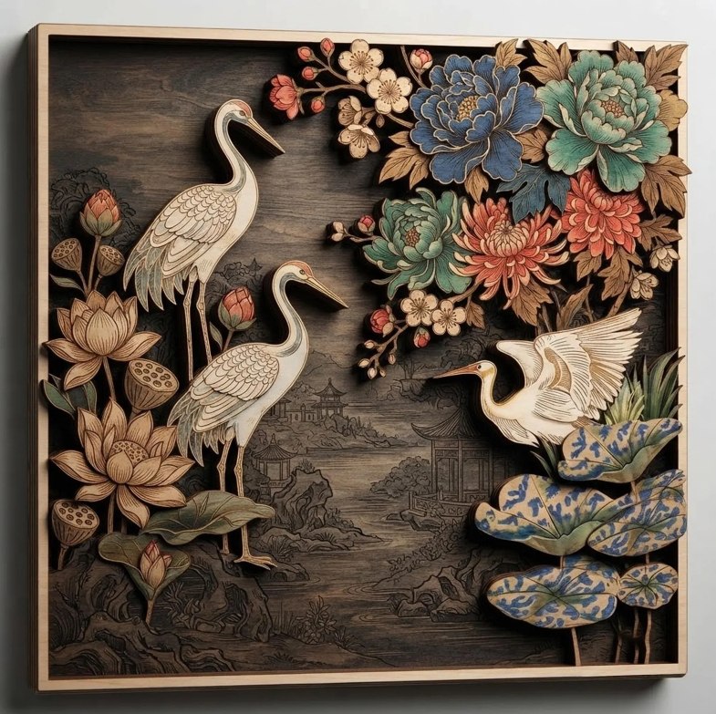 Crane and Lotus Chinese Japanese Wooden Wall Art