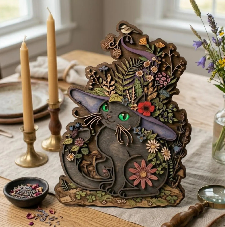 Floral Witchy Black Cat Wooden Wall Art
