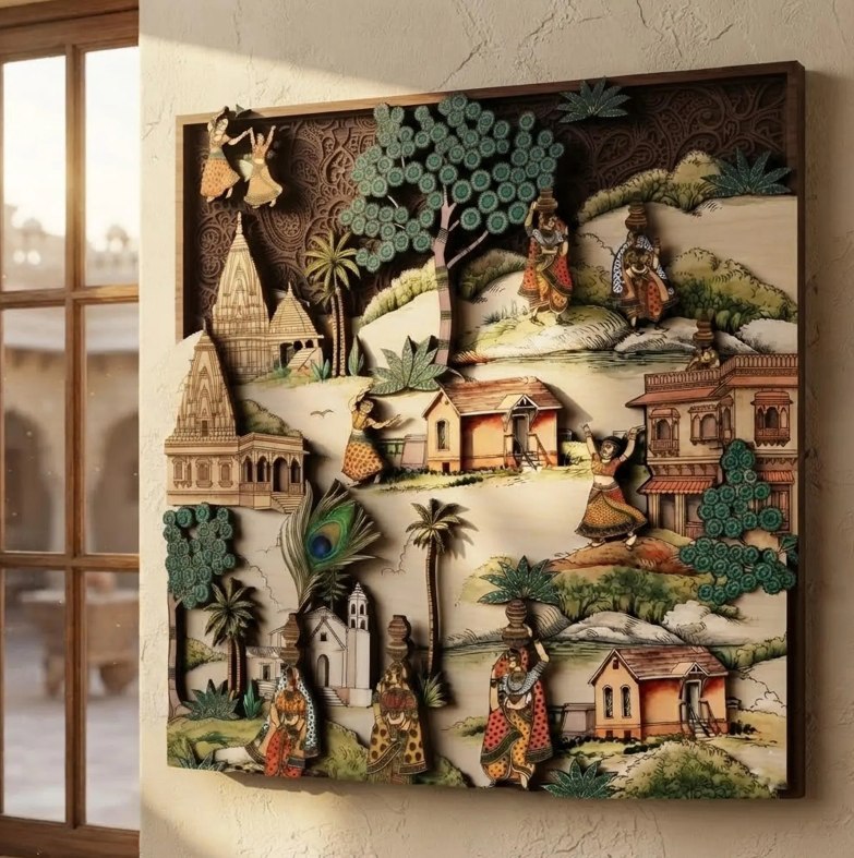 Krishna Village Kalamkari Wooden Wall Art