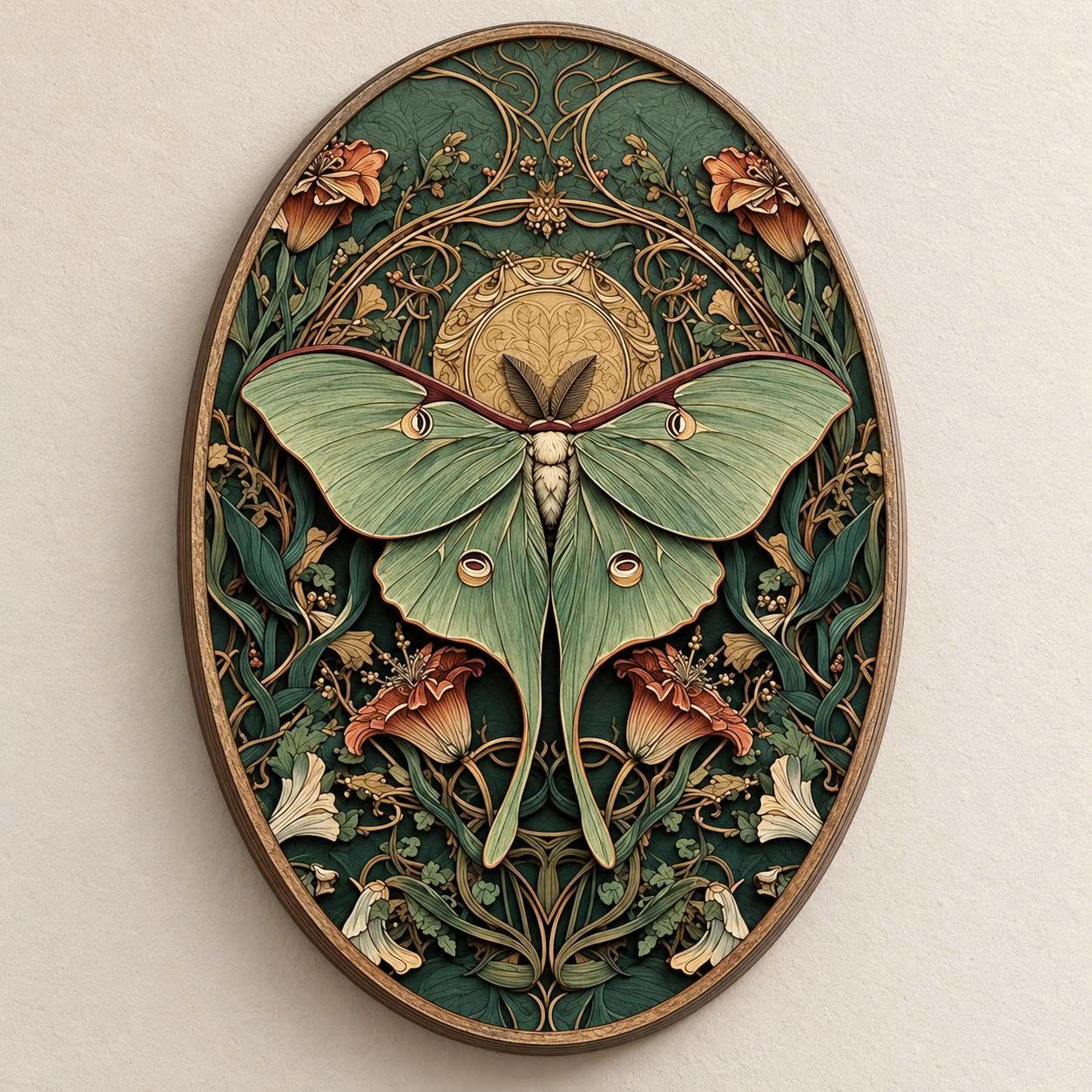 Celestial Luna Moth Wooden Wall Art, Botanical Woodland Decor