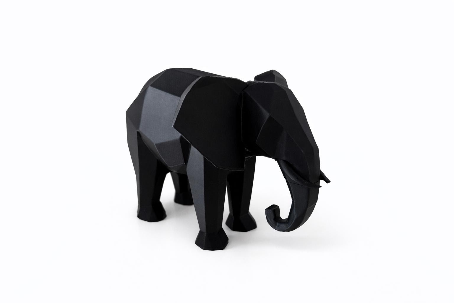 Elephant Statue Desk Modern Low Poly Sculpture: Matte Black Minimalist Design –