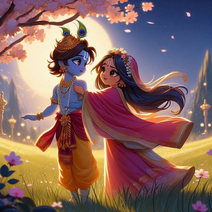 Krishna and Radha images in peaceful surroundings