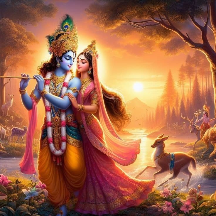 Lord Krishna and Radha images in traditional art style