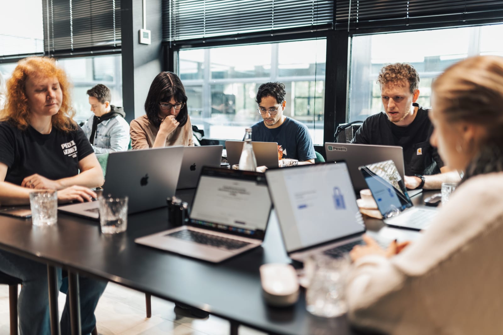 A group of students working together on laptops
