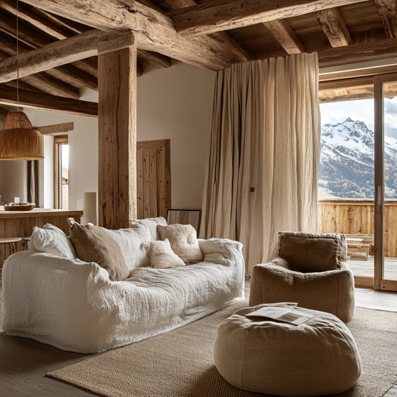 Alpine rustic living room with exposed wooden beams, soft linen sofa, and mountain view through large windows