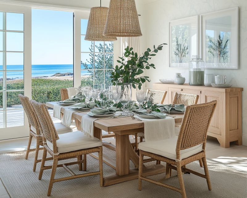 Coastal dining room with ocean view, woven chairs, wooden table, and elegant table setting with natural greenery