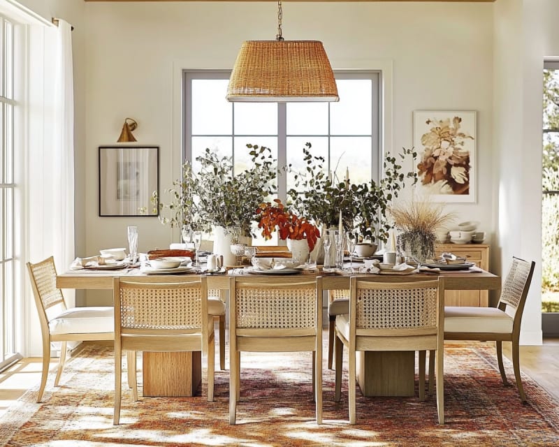 Coastal-inspired dining room with woven chairs, natural light, and elegant table setting with botanical centerpiece