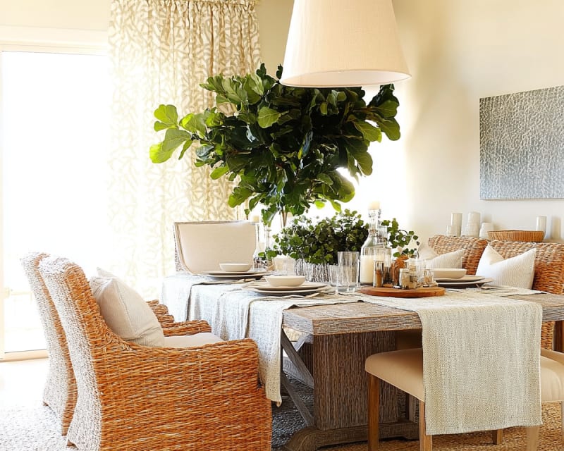 Coastal-inspired dining room with woven rattan chairs, white linen tablecloth, and lush green centerpiece