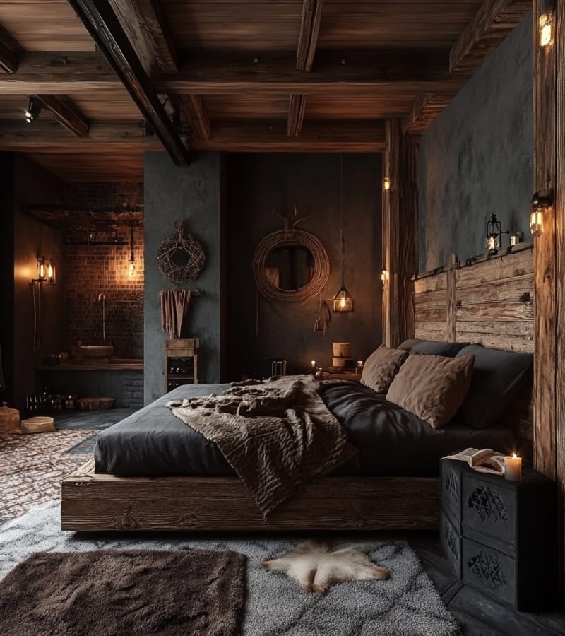 Dark moody rustic wooden bedroom with textured bedding, candlelight, and exposed wooden beams creating an intimate sanctuary