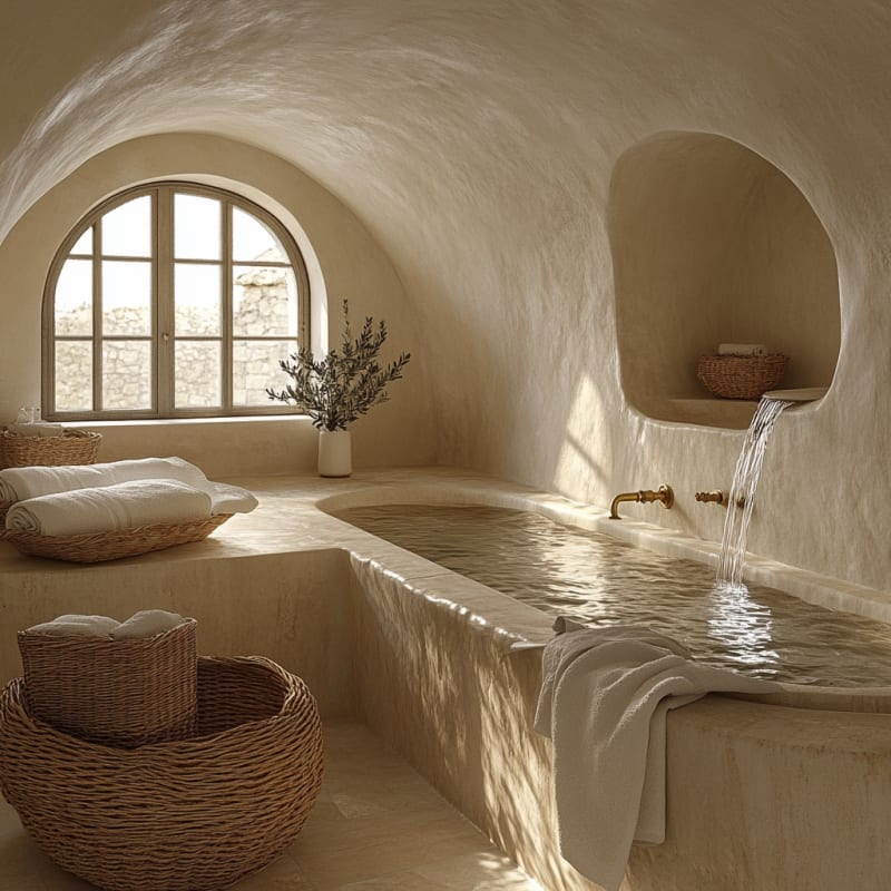 Ethereal Mediterranean stone bathroom with curved walls, arched window, and flowing water feature in soft neutral tones