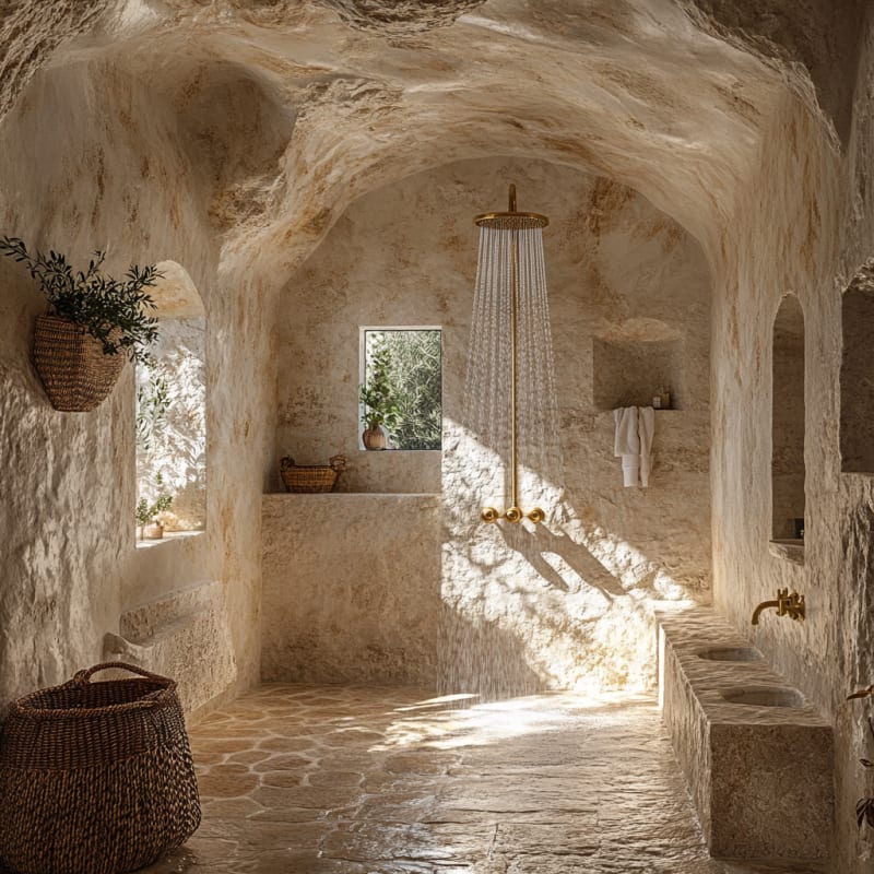 Mediterranean cave bathroom with stone walls, rainfall shower, and natural light streaming through arched windows