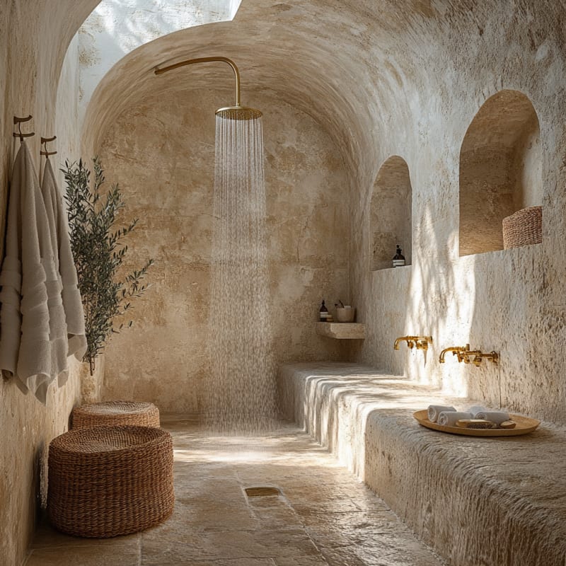 Mediterranean stone bathroom with arched ceiling, rainfall shower, and golden fixtures in natural light