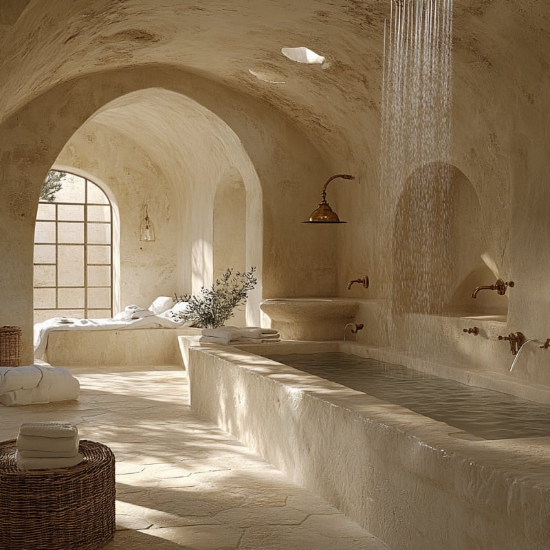 Mediterranean stone bathroom with arched windows, cascading shower, and natural light creating serene spa-like atmosphere