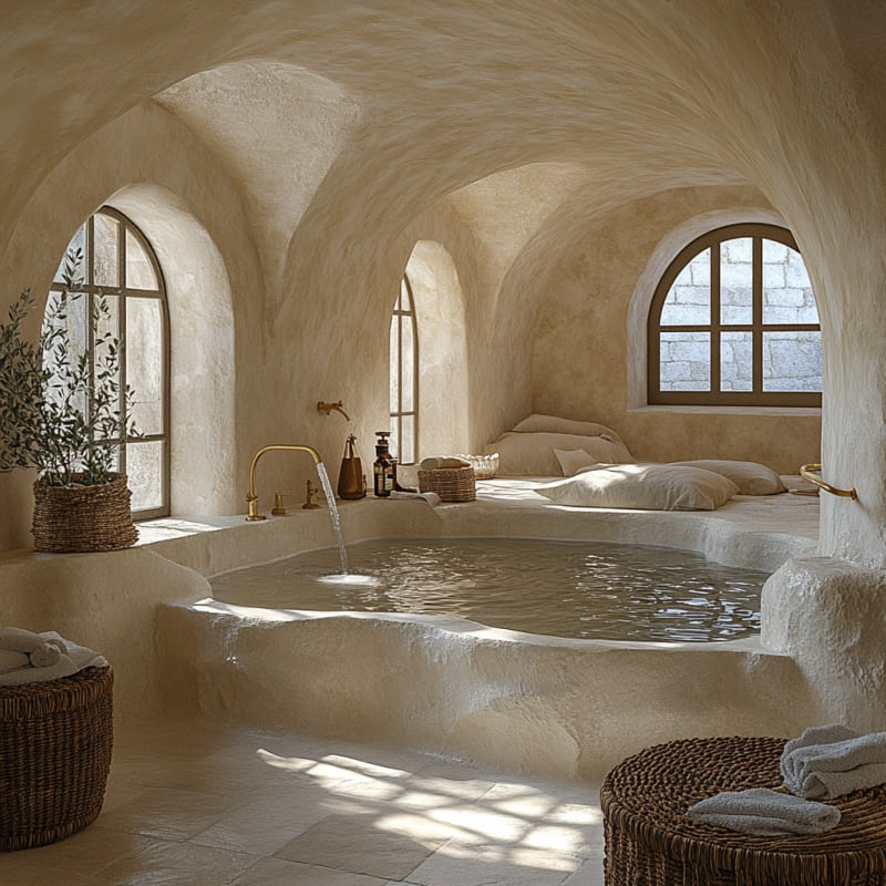 Mediterranean stone bathroom with curved vaulted ceiling, built-in bathtub, and arched windows creating ethereal natural light sanctuary