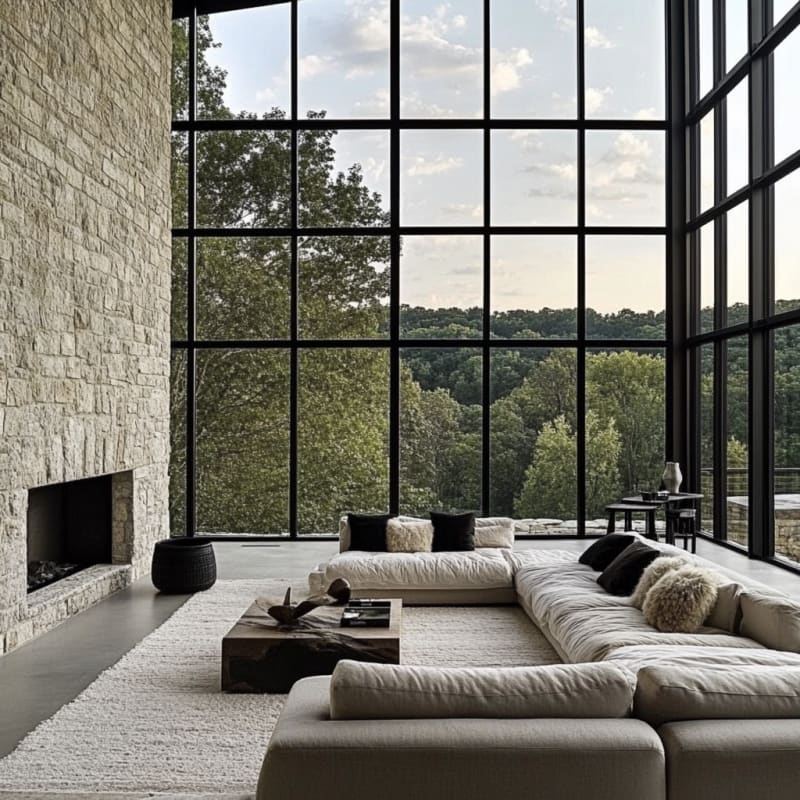 Minimalist living room with floor-to-ceiling windows, stone fireplace, and neutral modular sofas overlooking forest landscape