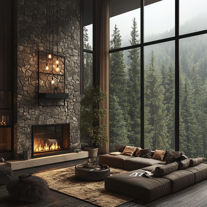 Modern rustic mountain living room with floor-to-ceiling windows, stone fireplace, and low-profile modular seating overlooking misty pine forest