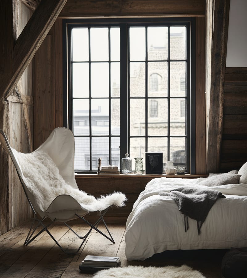 Rustic wooden attic bedroom with large grid windows, white bedding, fur textures, and minimalist design elements