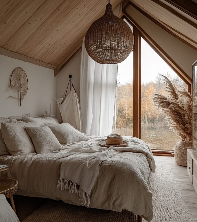 Serene attic bedroom with woven pendant light, linen bedding, and panoramic autumn forest view through triangular window