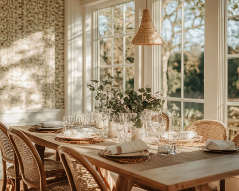 Sunlit coastal dining room with woven chairs, wooden table, and elegant table setting surrounded by large windows and greenery