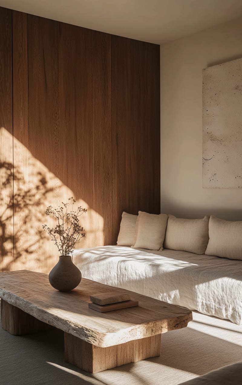 Warm Japandi living room with natural wood paneling, linen daybed, raw-edge coffee table, and soft afternoon sunlight shadows