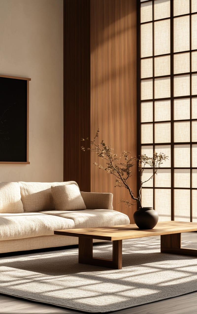 Zen Japandi living room with fluted wood wall, shoji screen windows, linen sofa, and natural light shadows