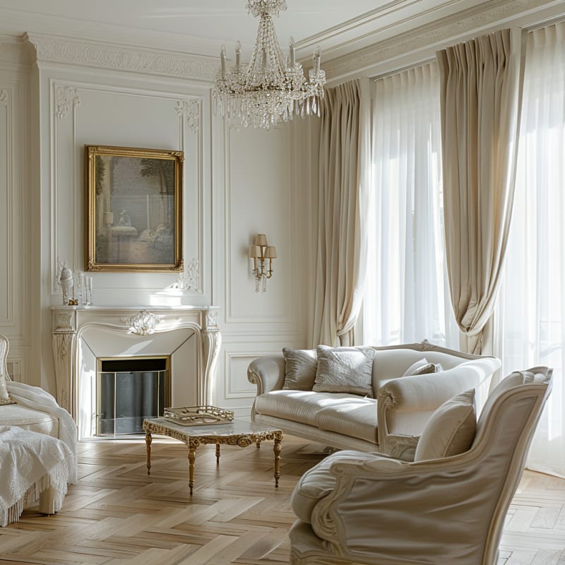 Classic French living room with crystal chandelier, ornate fireplace, gilded furniture, and white silk upholstery in natural light