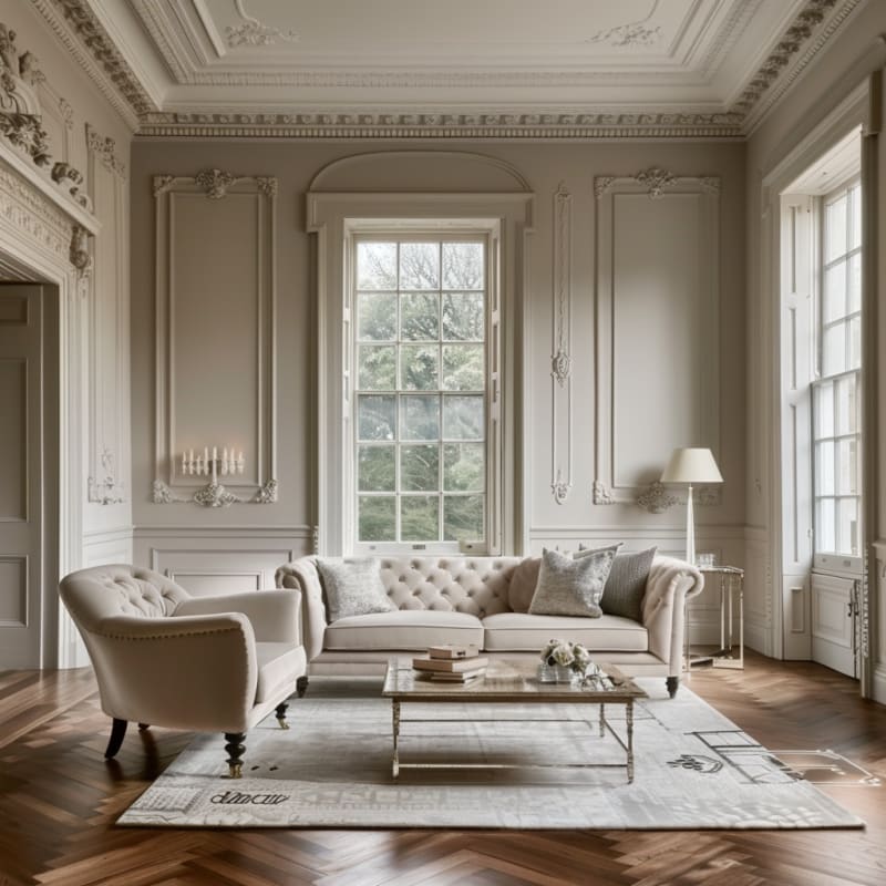 Classical French apartment living room with ornate wall panels, tufted sofa, and tall windows overlooking garden