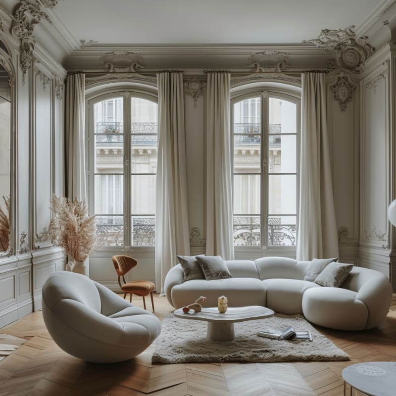 Cloud-like modern seating in classical Parisian living room with ornate moldings and arched windows, herringbone floors