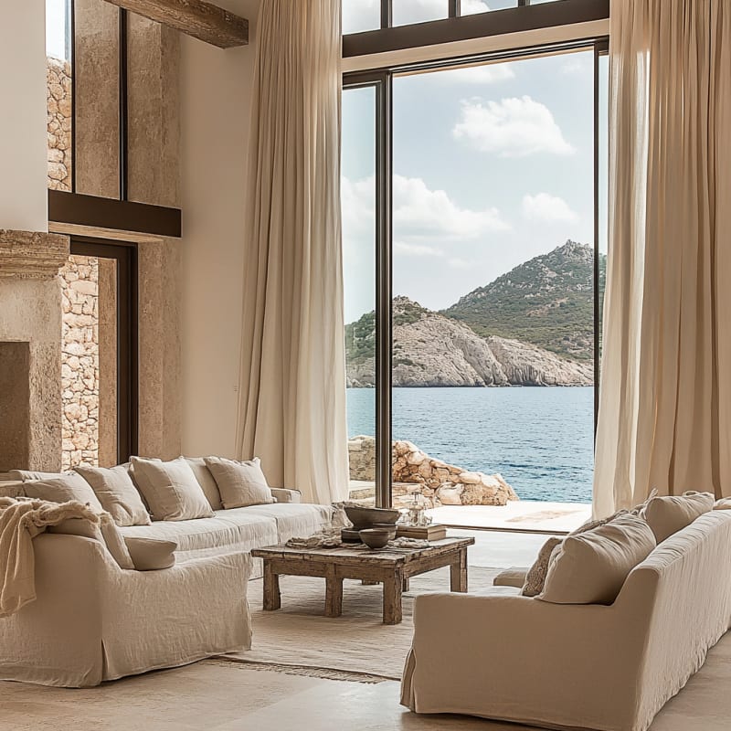 Coastal Mediterranean living room with floor-to-ceiling windows, stone walls, and panoramic ocean mountain views