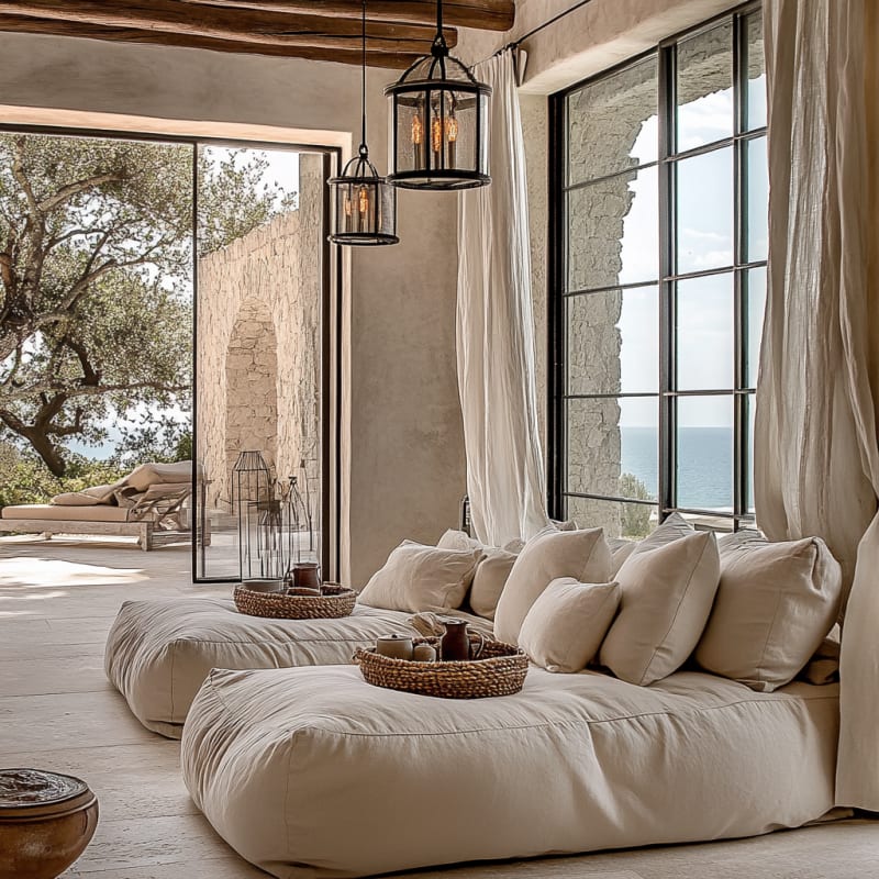 Coastal Mediterranean living room with ocean view, floor cushions, lantern lighting, and indoor-outdoor flow