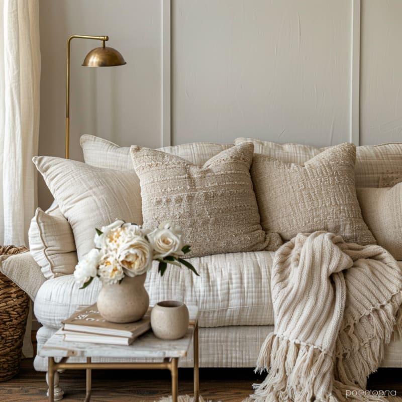 Cozy neutral living room with textured pillows, brass lamp, white roses, and chunky knit throw on linen sofa