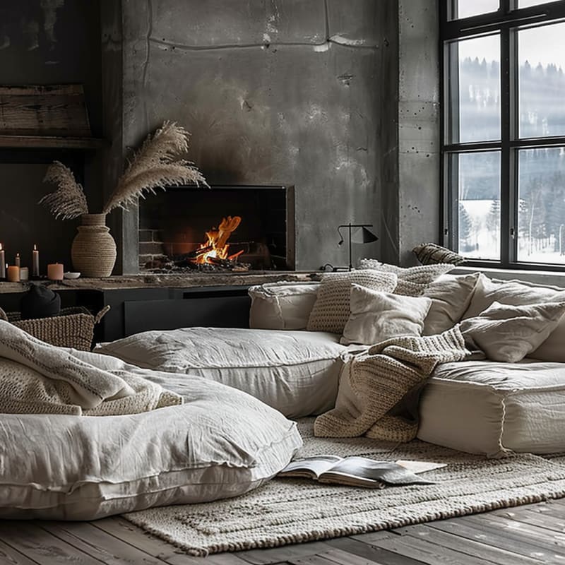 Cozy winter living room featuring concrete fireplace wall snowy mountain view linen sectional sofa knit throws candles and pampas grass