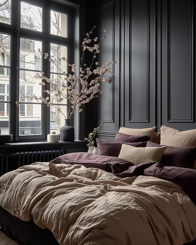 Dark bedroom with black paneled walls, linen bedding, cherry blossom decor, natural light, modern classic design