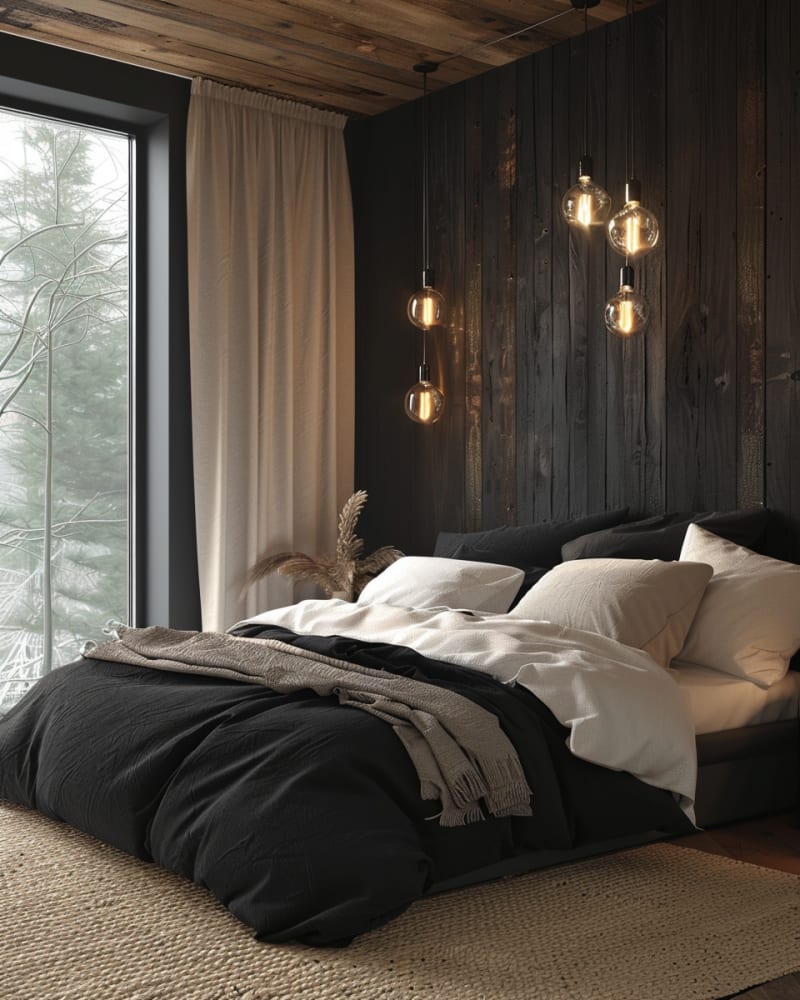 Dark bedroom with black paneled walls, pendant lights, cream curtains, natural textures, modern minimalist design